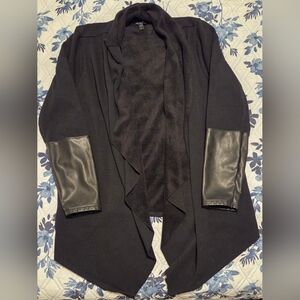 Express Black Open Front Cardigan Faux Leather Sleeve Trim Drape Jacket M